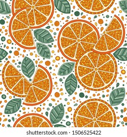Oranges slices on a white background seamless pattern. Hand drawn illustration in doodle style for summer cover, citrus tropical wallpaper, vintage texture.