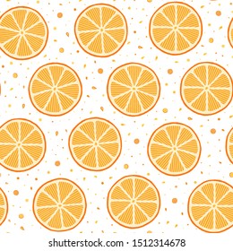 Oranges slices on a white background seamless pattern. Hand drawn illustration in doodle style for summer cover, citrus tropical wallpaper, vintage texture.