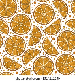 Oranges slices on a white background seamless pattern. Hand drawn illustration in doodle style for summer cover, citrus tropical wallpaper, vintage texture.