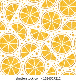 Oranges slices on a white background seamless pattern. Hand drawn illustration in doodle style for summer cover, citrus tropical wallpaper, vintage texture.