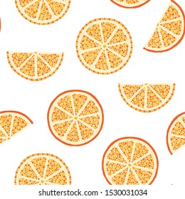 Oranges slices on a white background seamless pattern. Hand drawn illustration in doodle style for summer cover, citrus tropical wallpaper, vintage texture. 