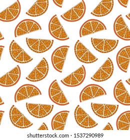Oranges slices on a white background seamless pattern. Hand drawn illustration in doodle style for summer cover, citrus tropical wallpaper, vintage texture. 