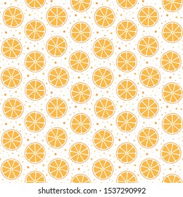 Oranges slices on a white background seamless pattern. Hand drawn illustration in doodle style for summer cover, citrus tropical wallpaper, vintage texture. 
