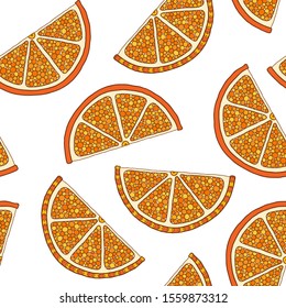 Oranges slices on a white background seamless pattern. Hand drawn illustration in doodle style for summer cover, citrus tropical wallpaper, vintage texture. 