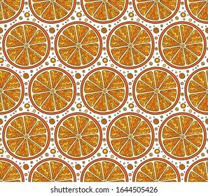 Orangen schneiden auf weißem Hintergrund nahtloses Muster. Handgezeichnete Illustration im Doodle-Stil für die Sommerdecke, tropische Tapeten aus Zitrusfrüchten, Vintage-Textur.