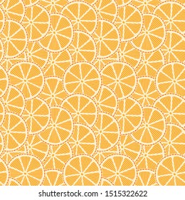 Oranges slices seamless pattern. Hand drawn fresh tropical citrus fruit. Multicolored sketch background. Colorful doodle wallpaper. 