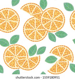 Oranges slices seamless pattern. Hand drawn fresh tropical citrus fruit. Multicolored sketch background. Colorful doodle wallpaper.