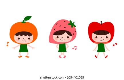 oranges, strawberries, apple hats.Children dancing happily with a smile.