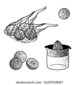 oranges in a string bag and a manual citrus juicer, black and white line art for eco-friendly living