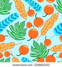 oranges and tropical plants multicolor seamless pattern. Oranges and leaves with colored textures seamless vector repeat pattern. Suitable for decoration, tiles, fabric, textile, wrapping, paper.