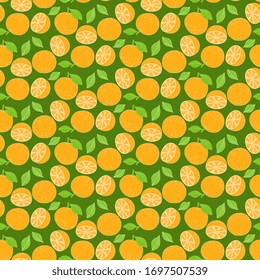 Oranges vector design. Seamless pattern with citrus fruits and leaves scattered on a green artistic background. Illustration of fresh, healthy ingredients.