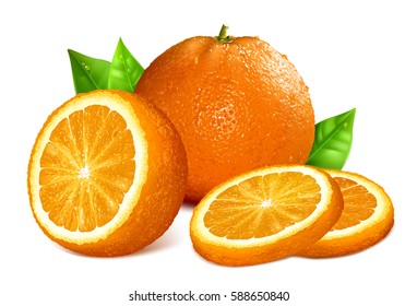 Oranges. Vector illustration of whole, cut and slice oranges.