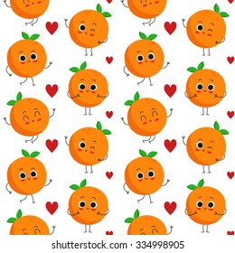 Oranges, vector seamless pattern with cute fruit characters on dotted background