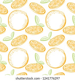 Oranges vector seamless pattern. Ink sketch Oranges. Citrus fruit background. Elements for menu, greeting cards, wrapping paper, cosmetics packaging, posters etc