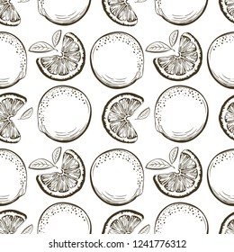 Oranges vector seamless pattern. Ink sketch Oranges. Citrus fruit background. Elements for menu, greeting cards, wrapping paper, cosmetics packaging, posters etc
