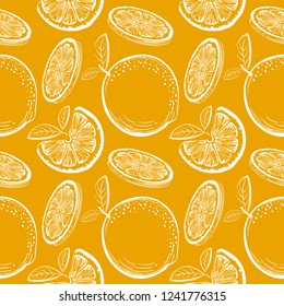 Oranges vector seamless pattern. Ink sketch Oranges. Citrus fruit background. Elements for menu, greeting cards, wrapping paper, cosmetics packaging, posters etc