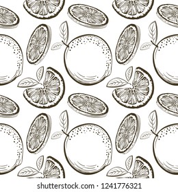 Oranges vector seamless pattern. Ink sketch Oranges. Citrus fruit background. Elements for menu, greeting cards, wrapping paper, cosmetics packaging, posters etc
