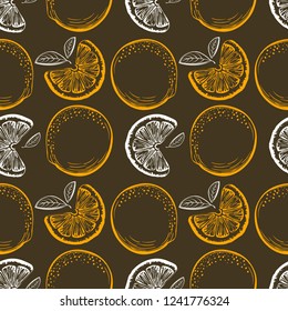 Oranges vector seamless pattern. Ink sketch Oranges. Citrus fruit background. Elements for menu, greeting cards, wrapping paper, cosmetics packaging, posters etc