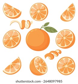 Conjunto de vetores de laranjas. Várias laranjas desenhadas à mão em estilo plano simples. Ilustração vetorial sobre fundo branco