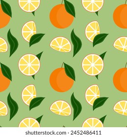 oranges whole and cut seamless vector pattern, green background, citrus all over print