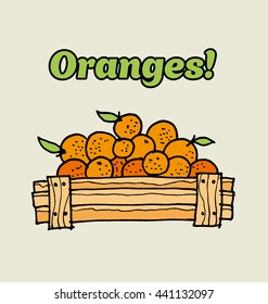 oranges in wooden box. food hand drawn sketch vector illustration.