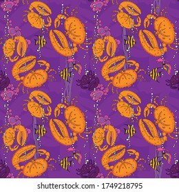 Orange-violet seamless pattern with the image of crab, fish and algae. Vector illustration.