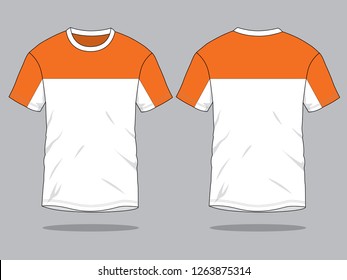 Orange-White Short Sleeve T-Shirt Design on Gray Background.Front and Back View, Vector File