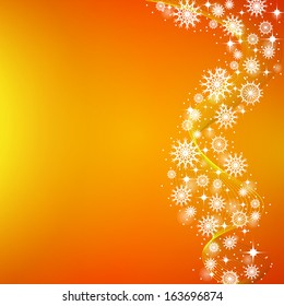 The orange-yellow background of falling snowflakes and stars.