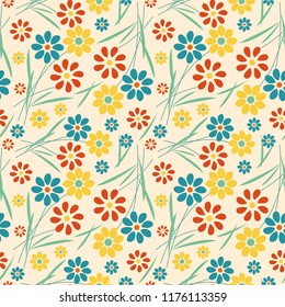 orange,yellow and blue seamless flowers pattern. Delicate petals and vibrant blossoms create an artistic and vintage botanical illustration. Perfect for wallpaper, fabric, wrapping paper and more.