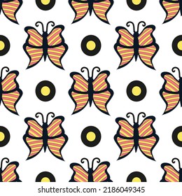 Orange-yellow butterfly pattern on white background for textile design. Vector image for use in website design