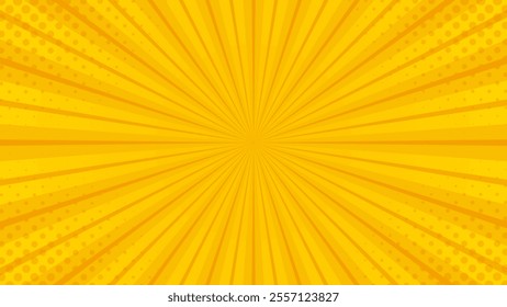 Orange-yellow comic sunburst effect background with halftone. Pop art comic-style vector background. Suitable for templates, sale banners, events, ads, web and pages
