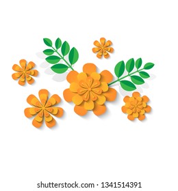 Сomposition of orange-yellow paper flowers with green leaves. Tagetes origami petals isolated on white background. Vector illustration of paper cut style.
