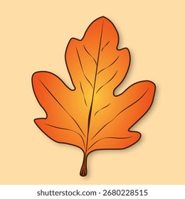 Orange-yellow, simple autumn leaf of a tree with a shadow on a beige background. Vector illustration for seasonal, autumn designs.