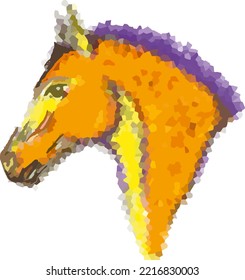 Orange-yellow-violet horse head with crystal effect isolated on a white background. Stallion head with purple mane for interior solutions, sports emblems, textiles or fabric, wallpaper, fashion trends