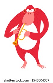 Orangutan ape plays trombone, brass instrument. Cute animal playing music instrument, standing, eyes closed. Zoo concert. Kids nursery print in red and yellow. Vector illustration on white background.