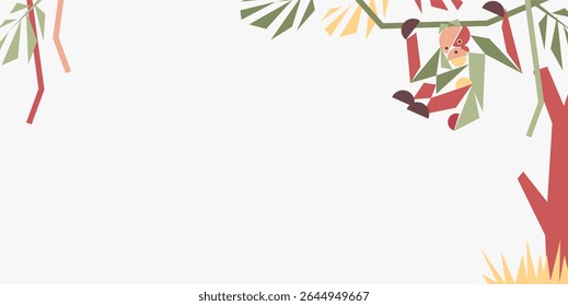 Orangutan day celebration background design with cubism orangutan animal and plants and with negative area for text. Cute orangutan animal geometry. protecting animal. world orangutan day