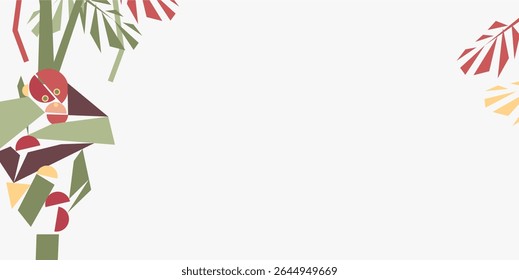 Orangutan day celebration background design with cubism orangutan animal and plants and with negative area for text. Cute orangutan animal geometry. protecting animal. world orangutan day