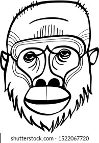 Orangutan face vector drawing. Line art illustration. Tattoo design. Tribal ethnic totem. Hand drawn artwork in graphic style, black and white.