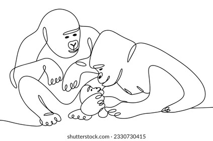 Orangutan family. Mom and dad admire their baby. International Orangutan Day. Smart humanoid primates. One line drawing for different uses. Vector illustration.