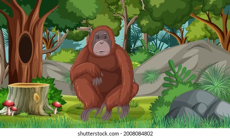 Orangutan in forest or rainforest scene with many trees illustration