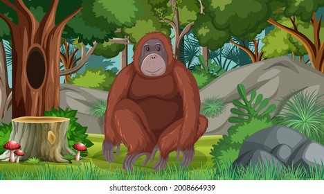 Orangutan in forest or rainforest scene with many trees illustration