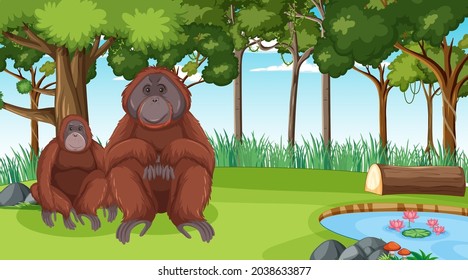 Orangutan in forest or rainforest scene with many trees illustration