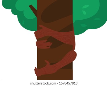 the orangutan is hiding behind a tree at forest isolated on white background