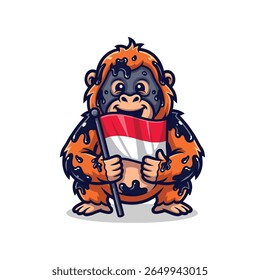 orangutan holding the Indonesian flag on Indonesian Independence Day