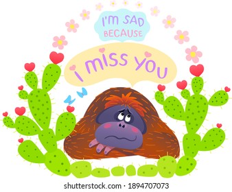 orangutan in love is sad among the cacti