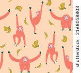 Orangutan seamless pattern repeat. Cute monkey vector illustrations with bananas in orange background. Tropical background fabric print. Great for kids and fun home decor. Surface pattern design.