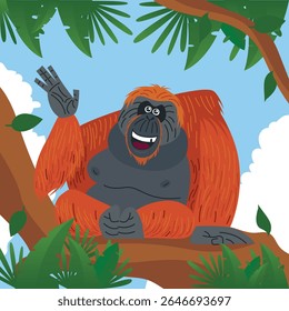 Orangutan sitting on a tree branch in the lush rainforest, surrounded by dense green foliage. Perfect for wildlife, endangered species, rainforest animals, and nature conservation themes.