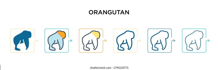 Orangutan vector icon in 6 different modern styles. Black, two colored orangutan icons designed in filled, outline, line and stroke style. Vector illustration can be used for web, mobile, ui