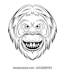 Orang-utan. Vector illustration of a sketch monkey face. Portrait wild animal in zoo.