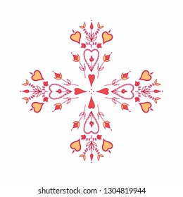 Oranment in folk style. folk motif. stylized flowers. hearts and flowers. stylization of natural motive